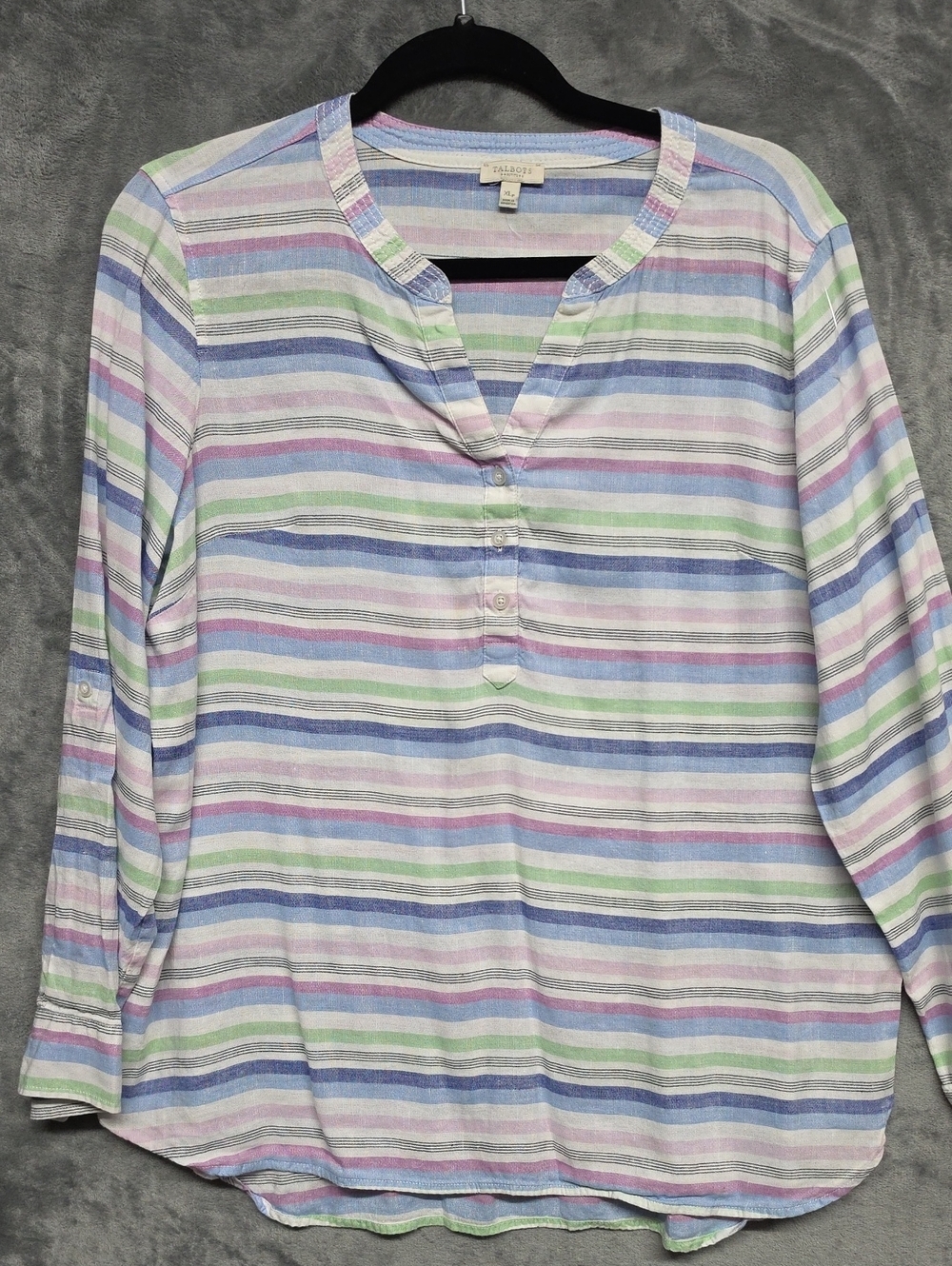 Talbots Linen Pastel Striped Cotton Henley Tunic - Blue, Green, Pink Sz XLP